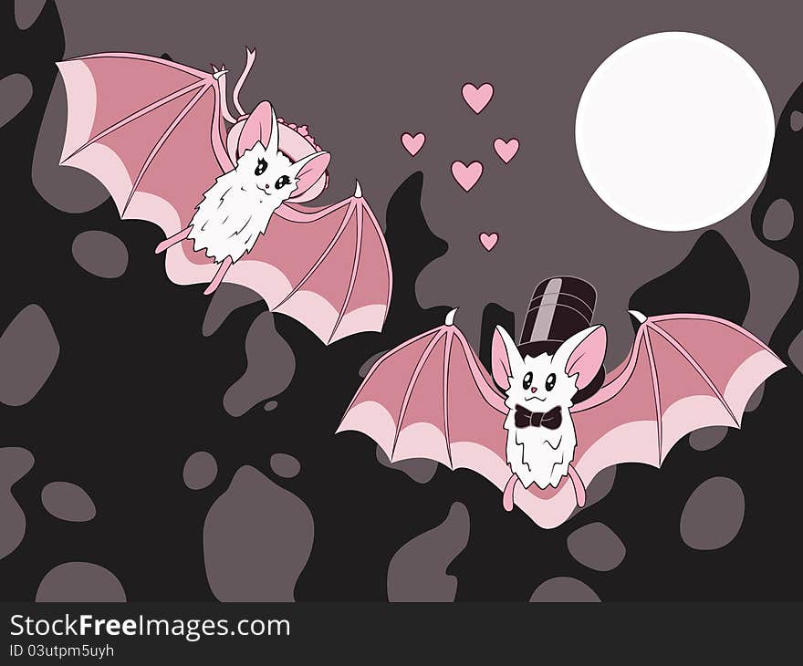 Two flying white bats in love under full moon. Vector illustration