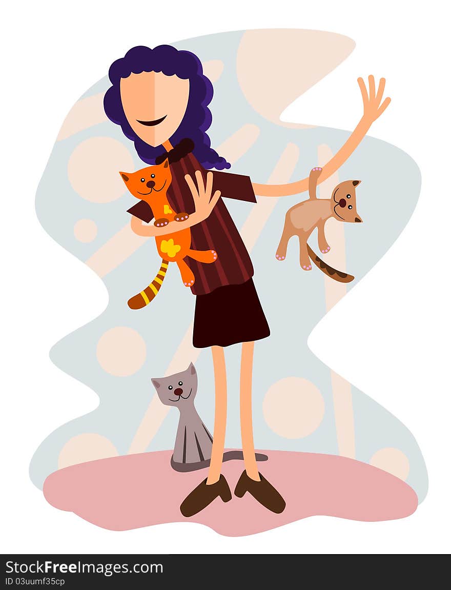 Fun and colorful abstract illustration of a girl with her pet cats. Fun and colorful abstract illustration of a girl with her pet cats