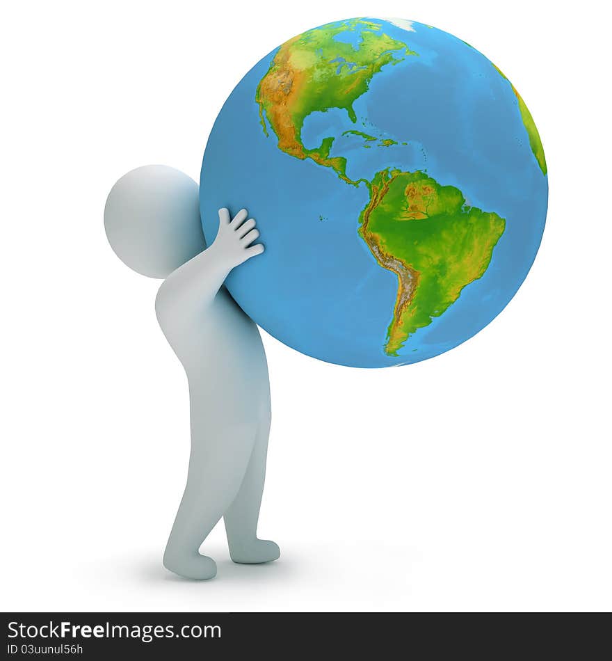 A man holds a globe, on a white background, 3d render. A man holds a globe, on a white background, 3d render