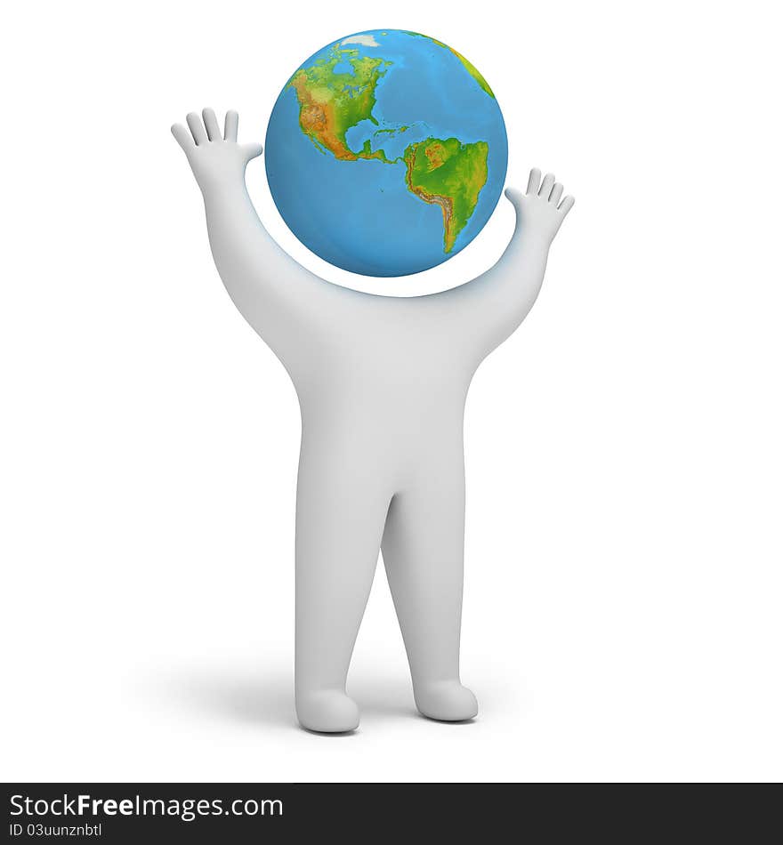 Man with a globe on his head, on a white background, 3d render. Man with a globe on his head, on a white background, 3d render