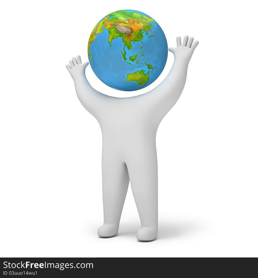 Man with a globe instead of a head, on a white background, 3d render. Man with a globe instead of a head, on a white background, 3d render