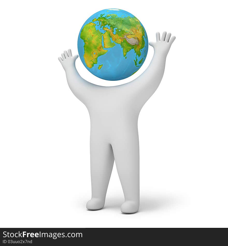 Man with a globe on his head, on a white background, 3d render. Man with a globe on his head, on a white background, 3d render