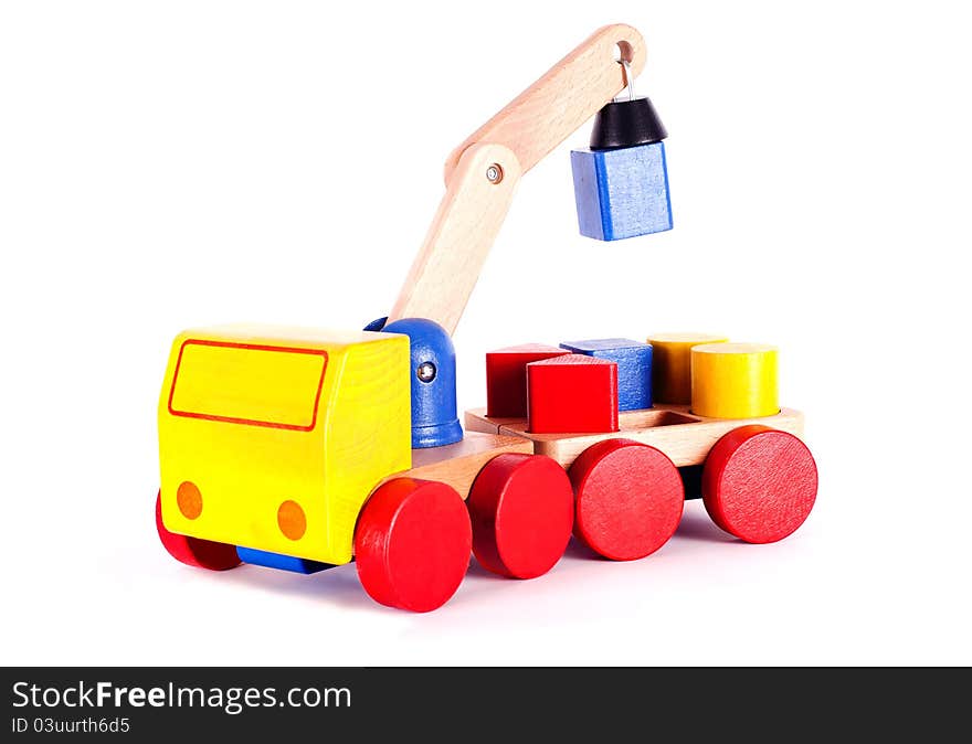 The elevating crane, children's wooden toy.