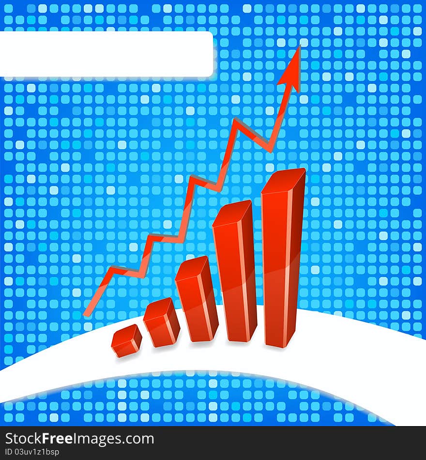 Vector illustration of bar graph with rising arrow on doted background