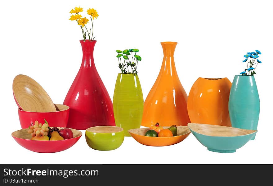 Flower vases and food bowls for home decoration over white. Flower vases and food bowls for home decoration over white.