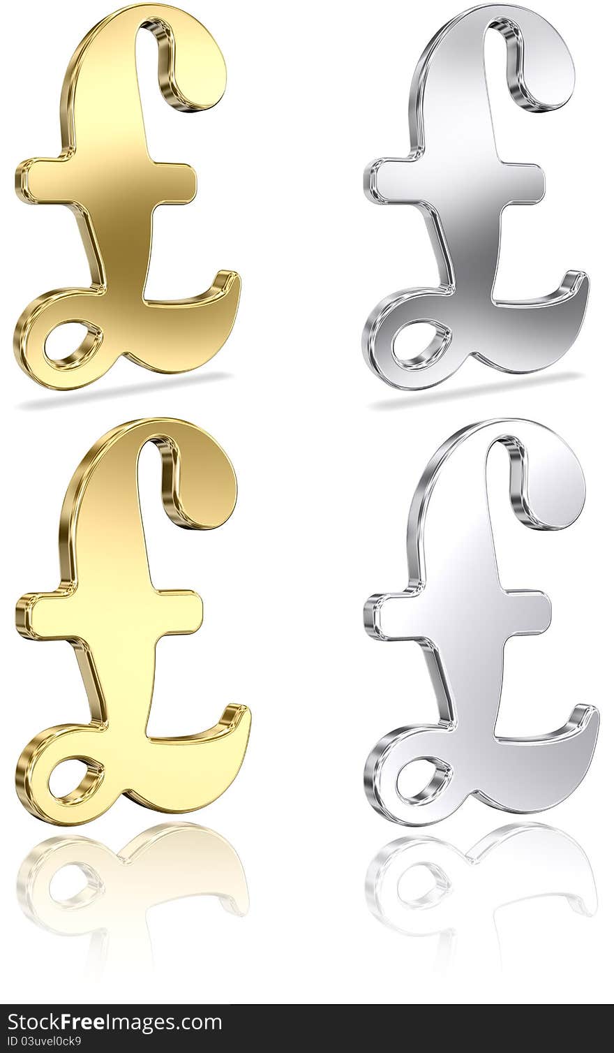 Golden And Silver British Pound Signs With Partial Reflections