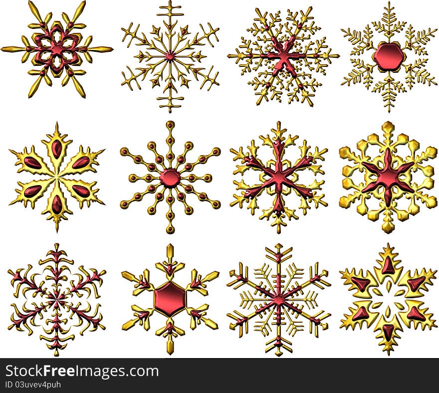 One Dozen Of Shiny Metallic Golden-Red Snowflakes