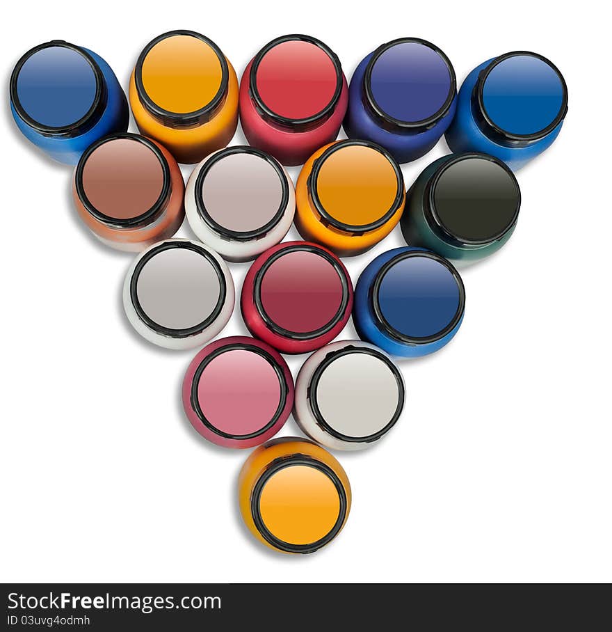 Coloured paint containers seen from above