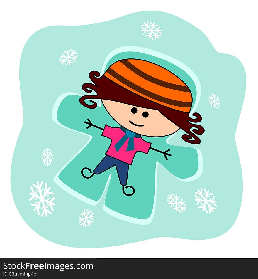 Cartoon girl lying on the snow and making a snow angel