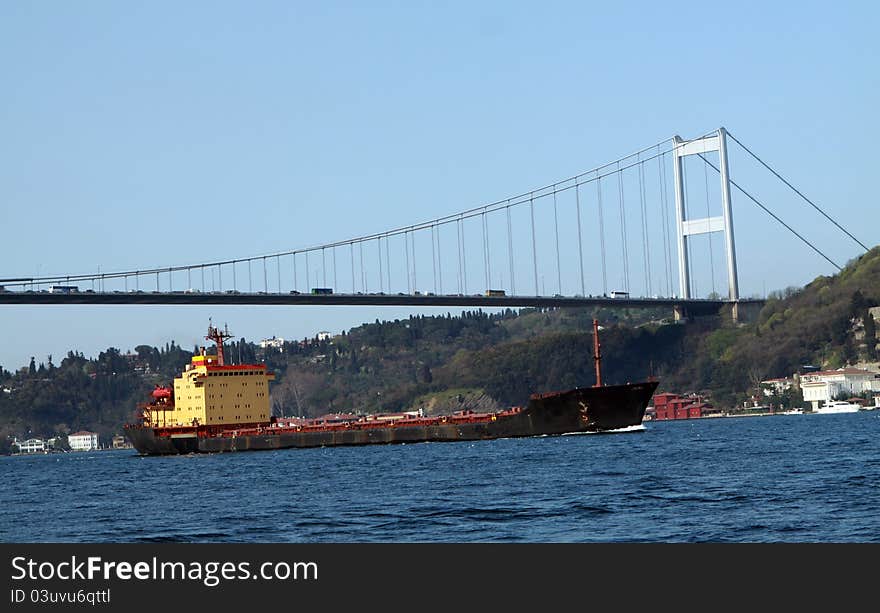 Fatih Sultan Mehmet Bridge With The Tanker