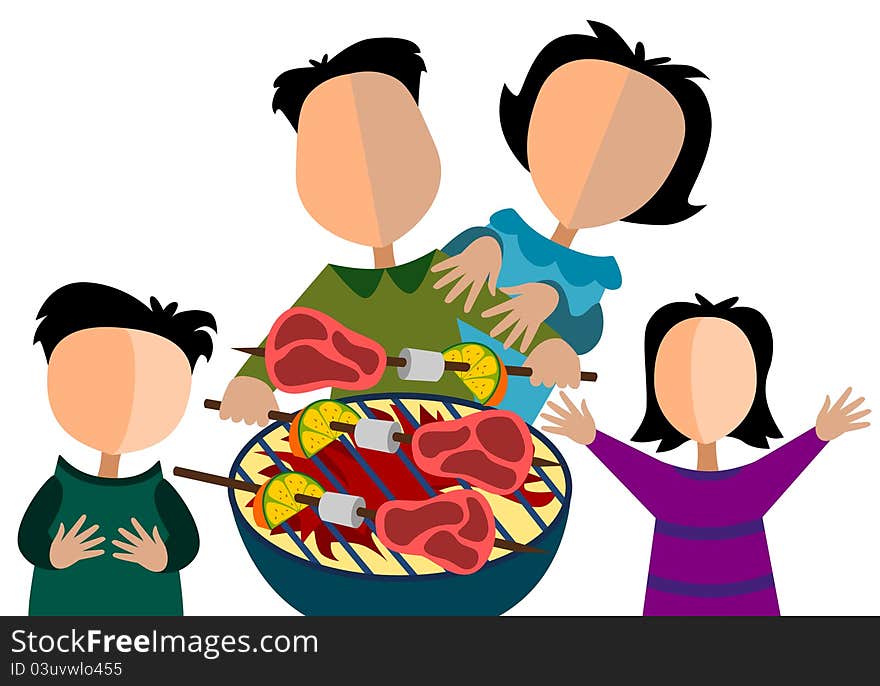 An abstract illustration of a family cooking barbecue. An abstract illustration of a family cooking barbecue