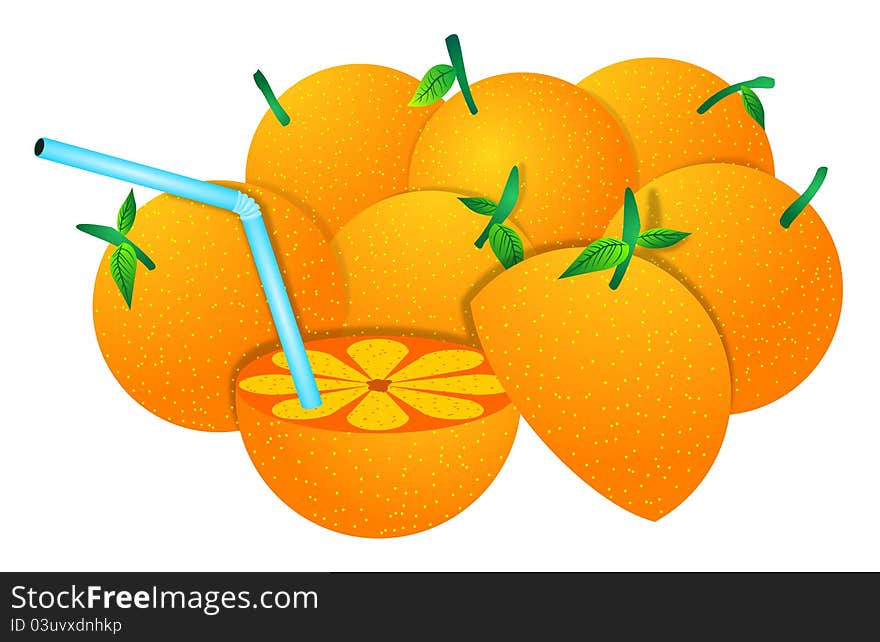 Group of oranges with one orange sliced and with a straw. Group of oranges with one orange sliced and with a straw