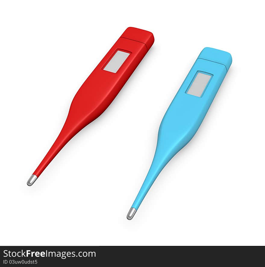 Set of two medical thermometers in different color, red for high temperature and blue for low temperature, the display is blank for customization (3d render)