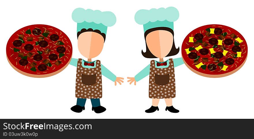 Set of abstract male and female characters holding a pizza. Set of abstract male and female characters holding a pizza