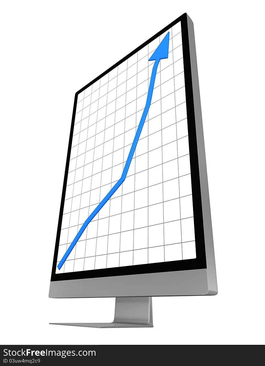 One computer desktop with a deformed screen to show a growing chart (3d render). One computer desktop with a deformed screen to show a growing chart (3d render)