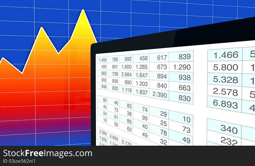 Computer, spreadsheet and charts to show the concept of modern tools for financial and market analysis (3d render). Computer, spreadsheet and charts to show the concept of modern tools for financial and market analysis (3d render)