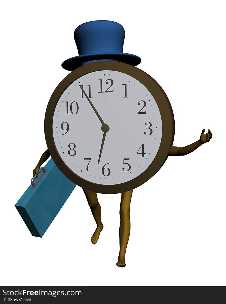 A three dimensional clock with human arms and legs running and hurries for work. A three dimensional clock with human arms and legs running and hurries for work