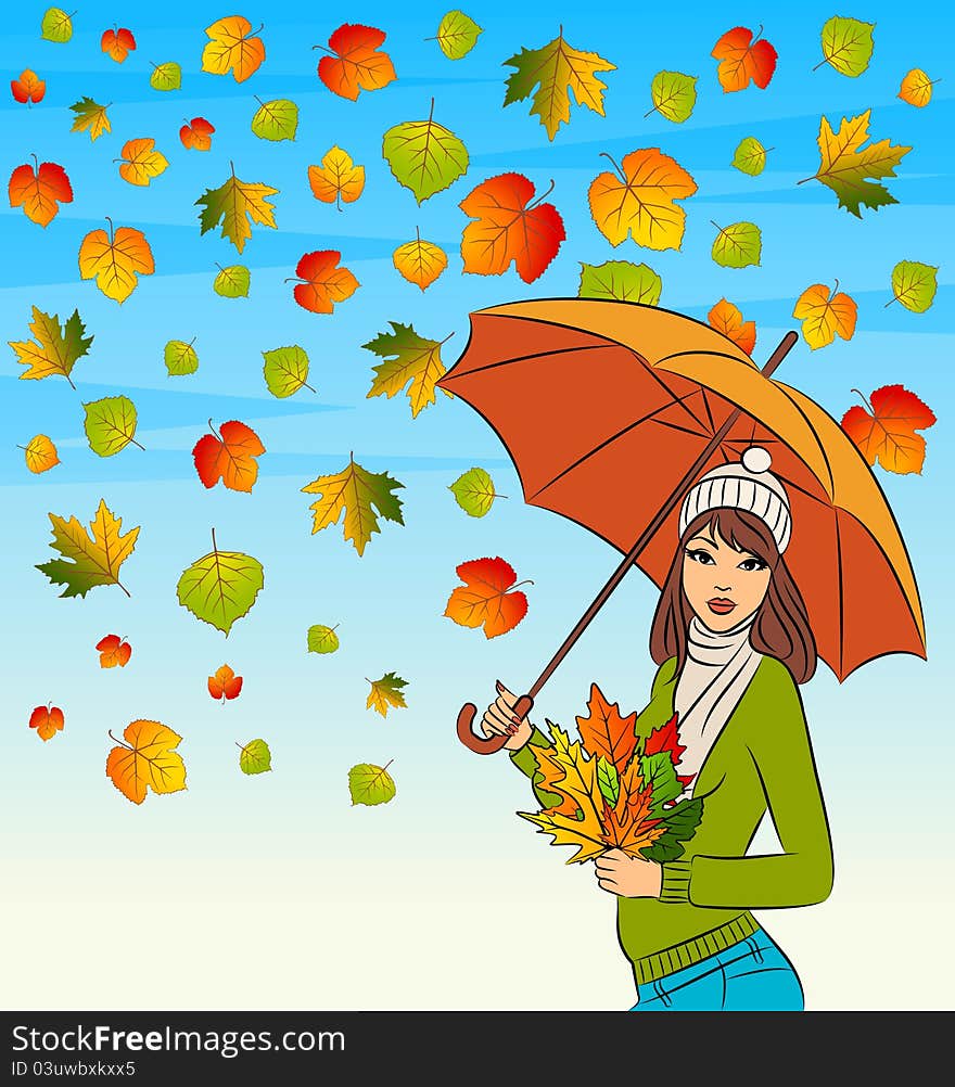 beautiful girl with autumn leaves and umbrella