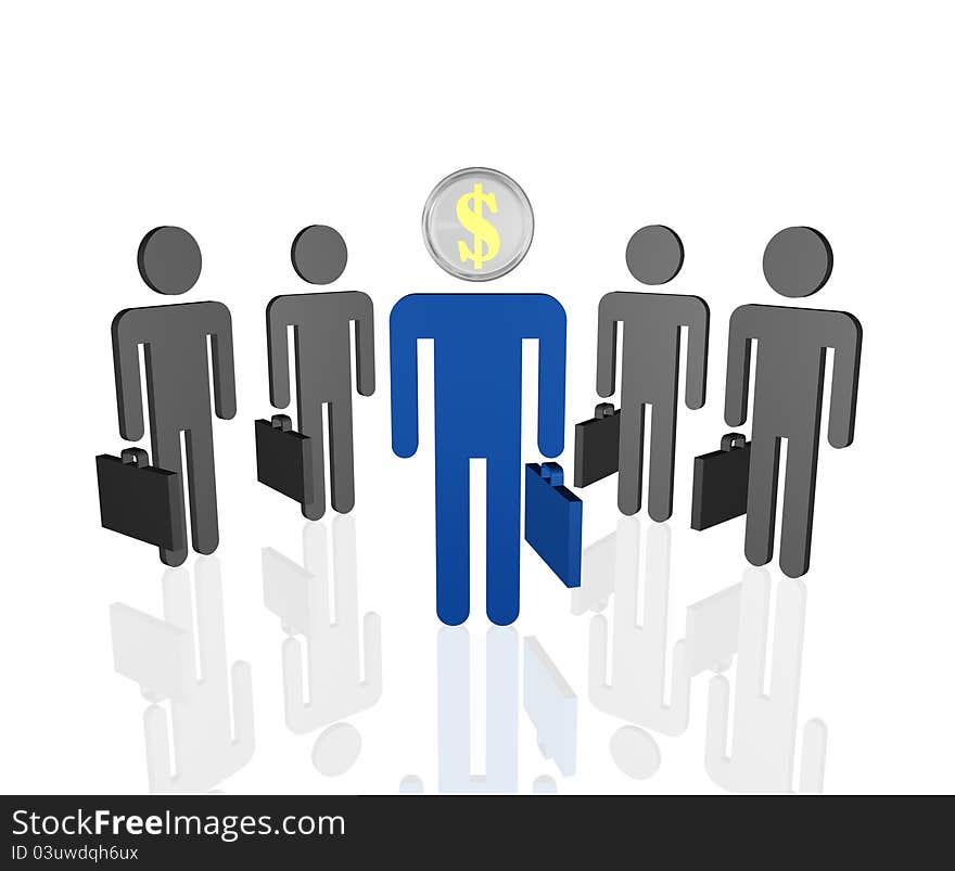 Group of man icon with briefcase looking at another man icon with a head of a dollar coin. Group of man icon with briefcase looking at another man icon with a head of a dollar coin