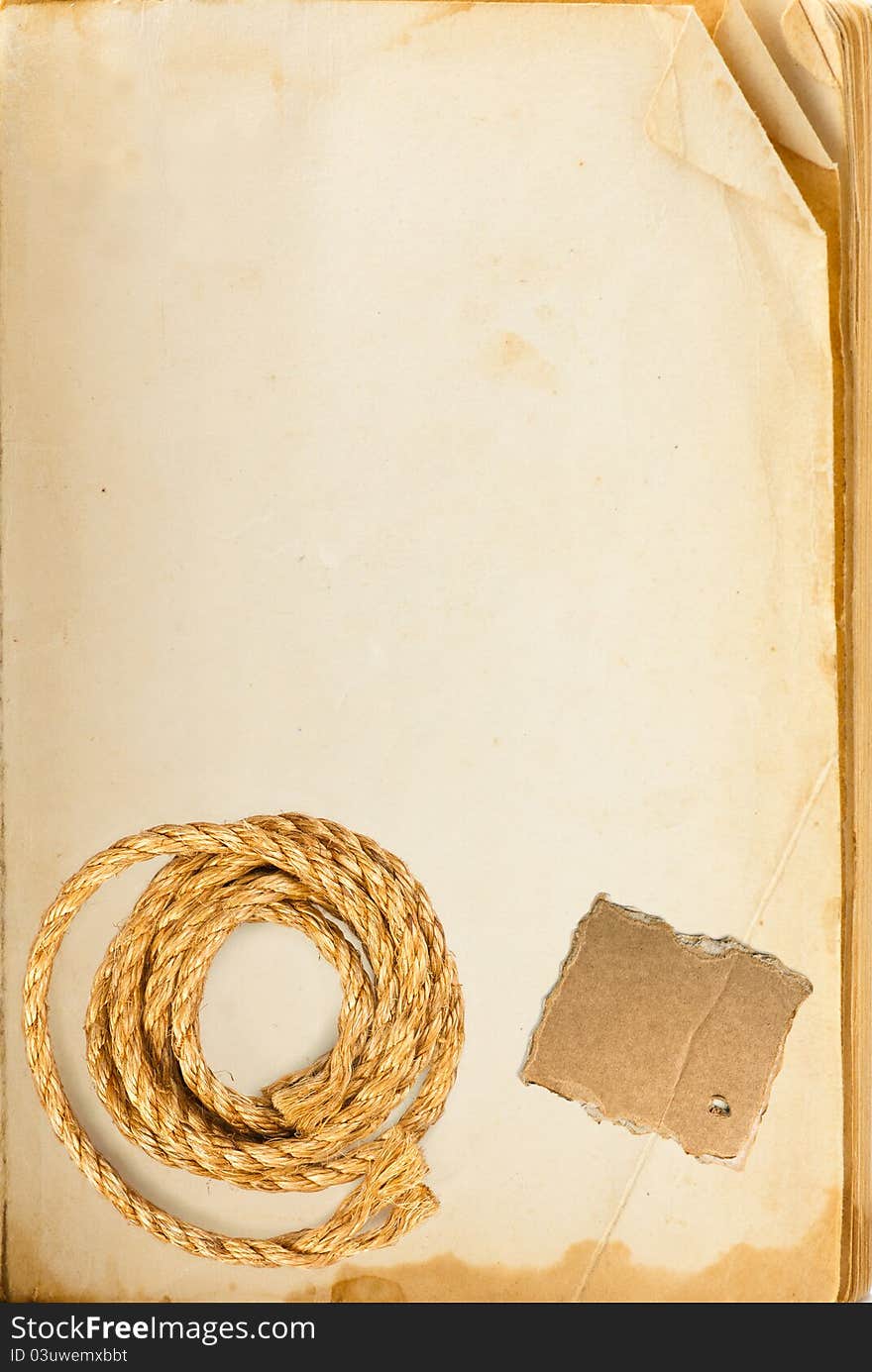 Old book page, hemp rope and cardboard blank with space for your text