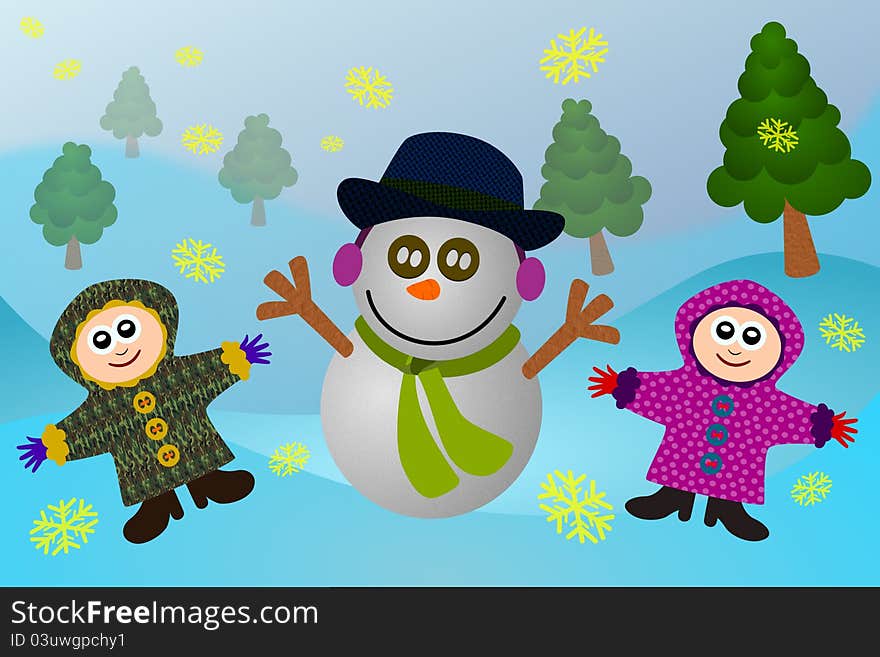 A cute cartoon snowman accompanied by kids with trees and snow background. A cute cartoon snowman accompanied by kids with trees and snow background