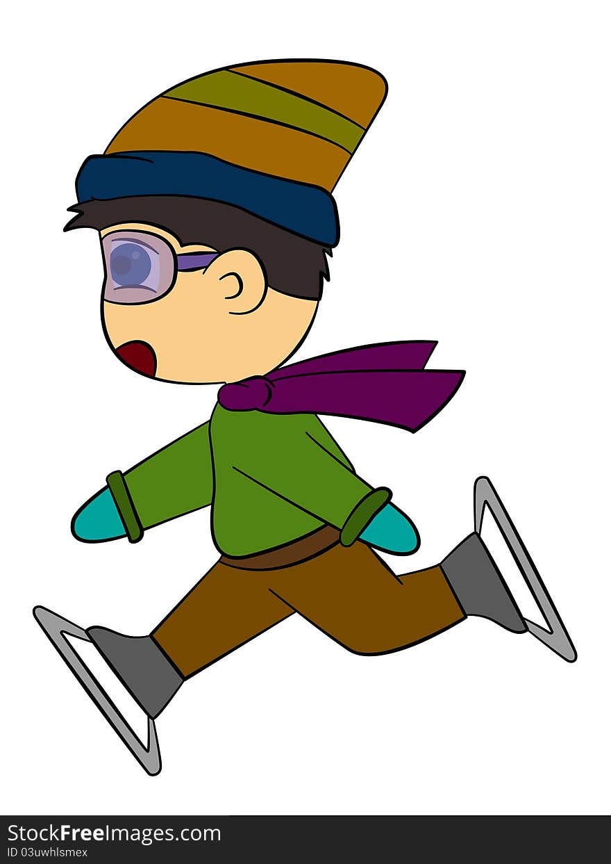 A cute cartoon boy in winter outfit with ice skates. A cute cartoon boy in winter outfit with ice skates