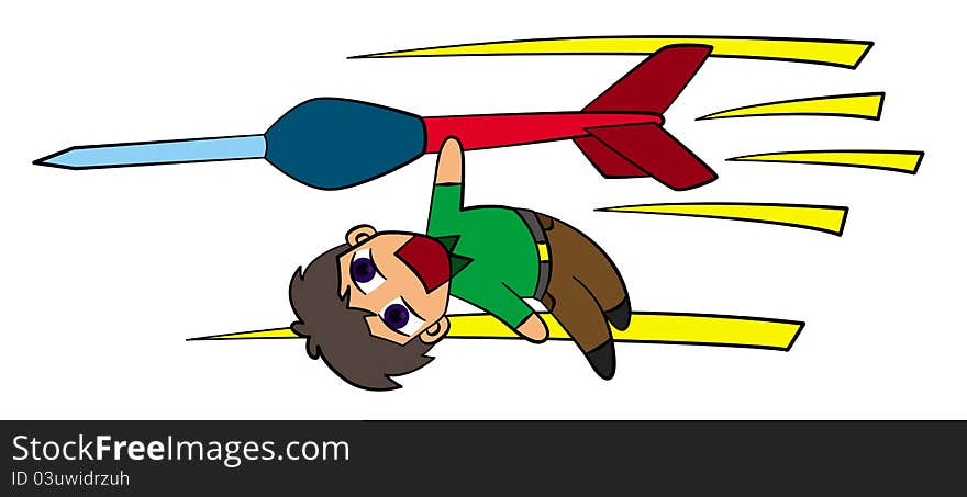 Funny illustration of a cartoon man holding on a flying giant dart