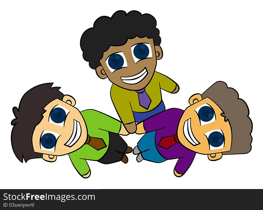 Three cute cartoon business men joining hands. Three cute cartoon business men joining hands