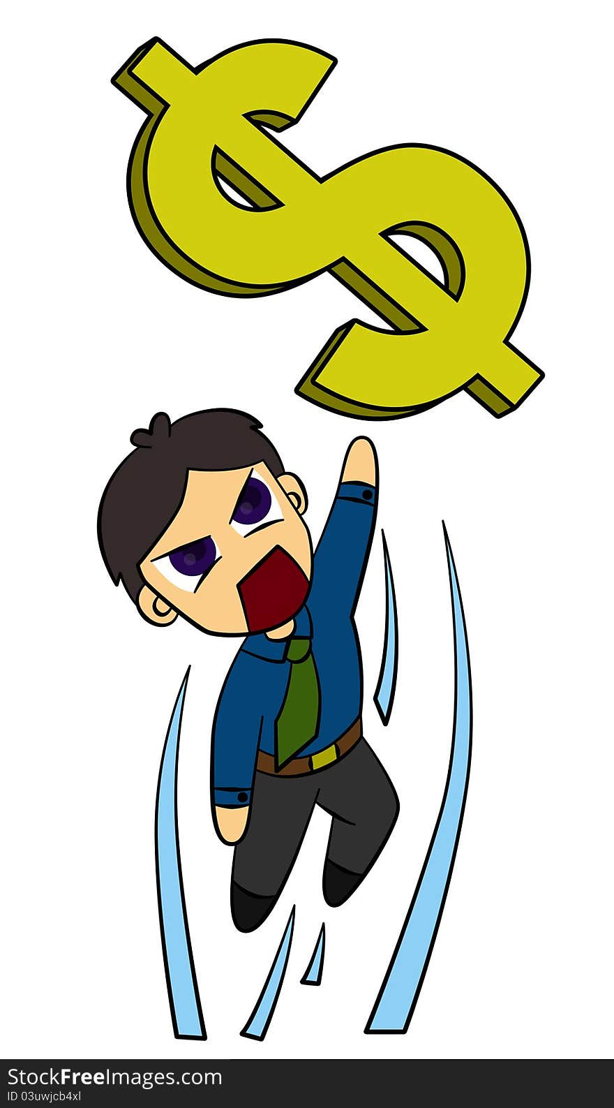 A funny cartoon business man jumping and about to grab a dollar sign. A funny cartoon business man jumping and about to grab a dollar sign