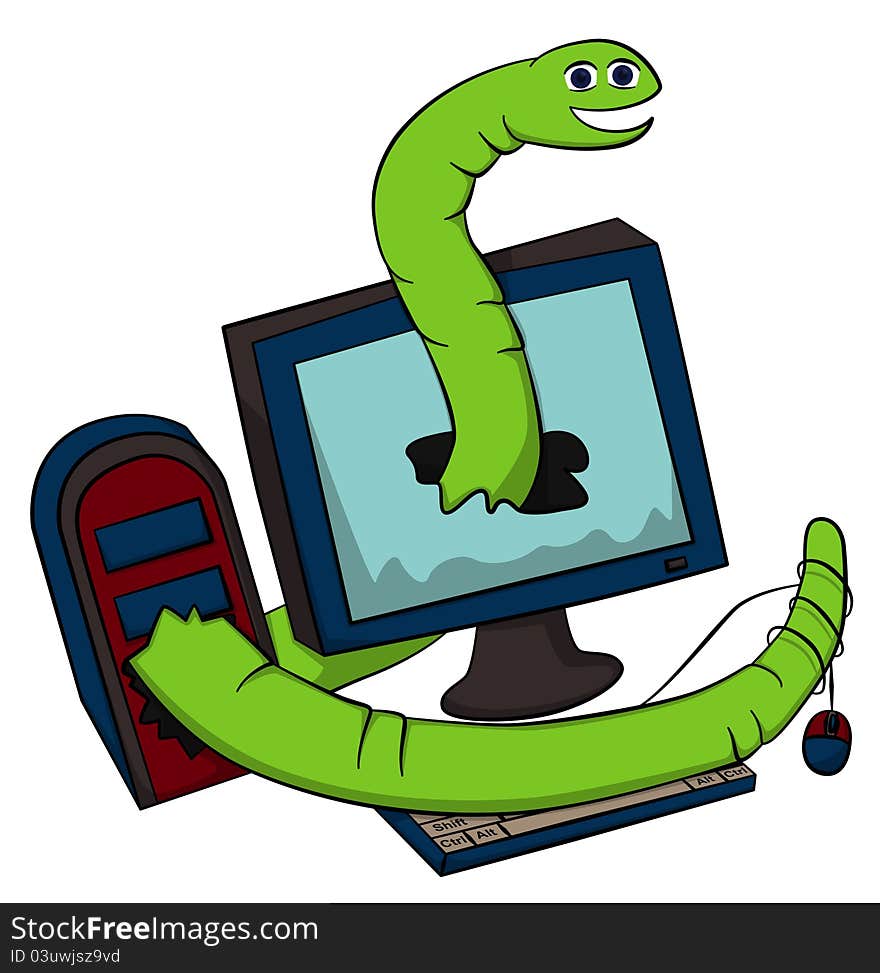 Cartoon illustration of a computer being destroyed by a giant worm. Cartoon illustration of a computer being destroyed by a giant worm