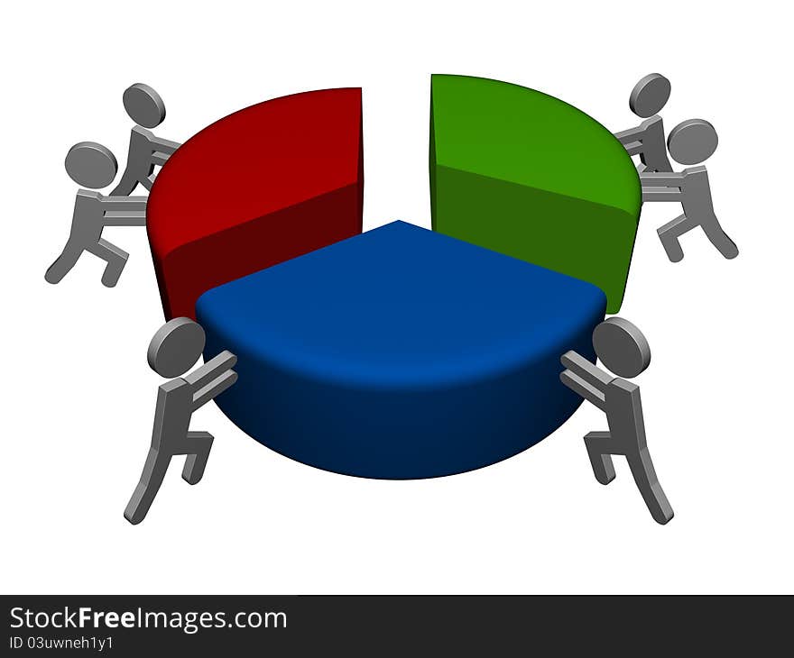 A team of man icons pushing to complete the broken pie graph. A team of man icons pushing to complete the broken pie graph