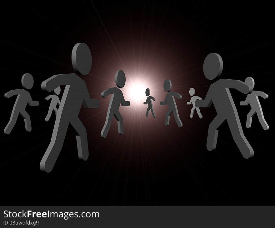 Group of man icons running towards the light