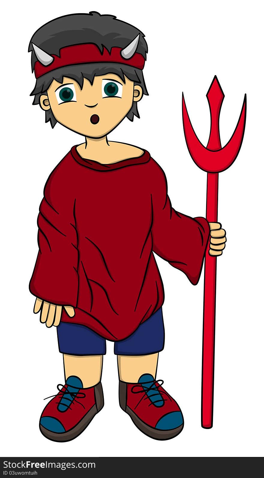 Cute cartoon boy wearing a headband with horn, dressed in red, and holding a trident. Cute cartoon boy wearing a headband with horn, dressed in red, and holding a trident