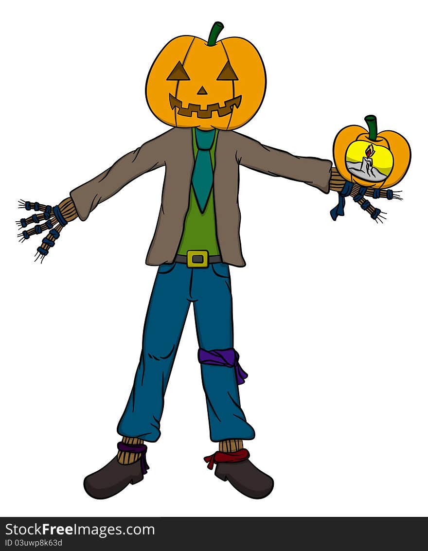 A cute cartoon straw man with a pumpkin as a head. A cute cartoon straw man with a pumpkin as a head