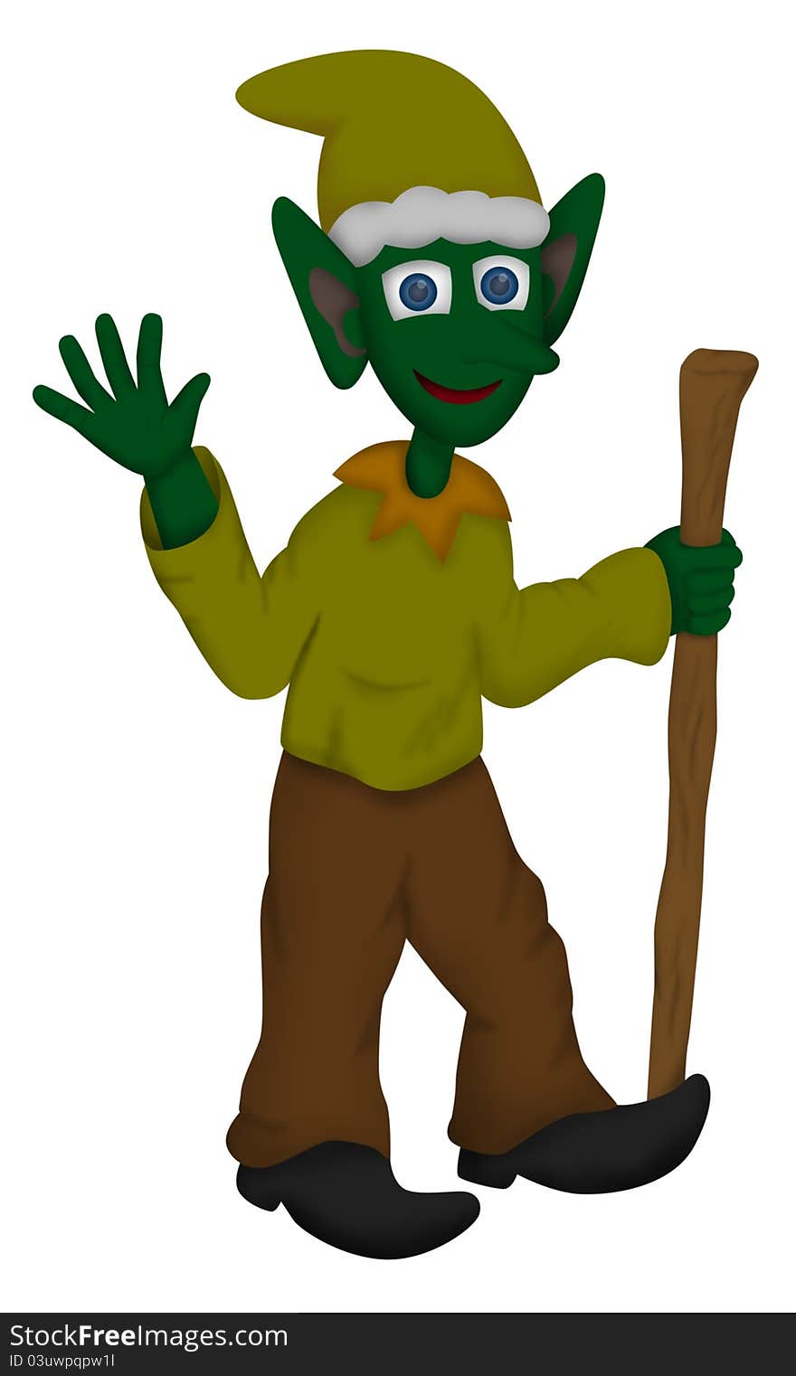 A cute cartoon illustration of a smiling green goblin