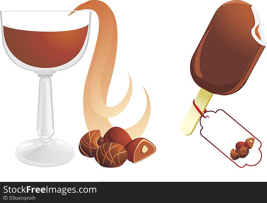 Hot chocolate with candies and ice cream. Illustration