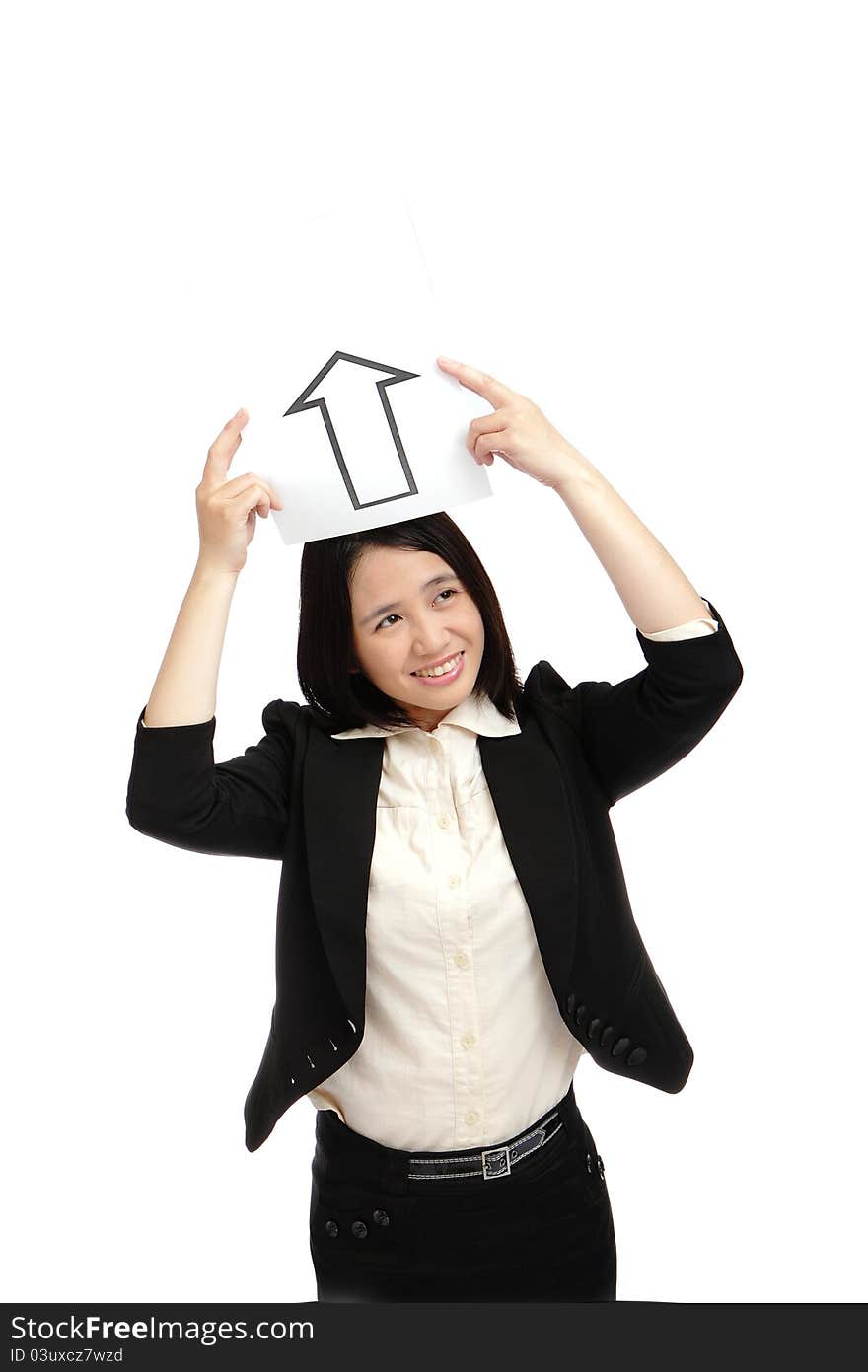 Business woman (asian) holding  a up arrow