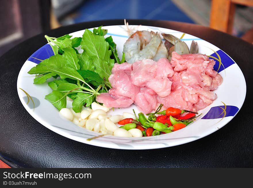 Ingredient for stir fried hot&spicy pork, chicken and shrimp with basil, Thailand