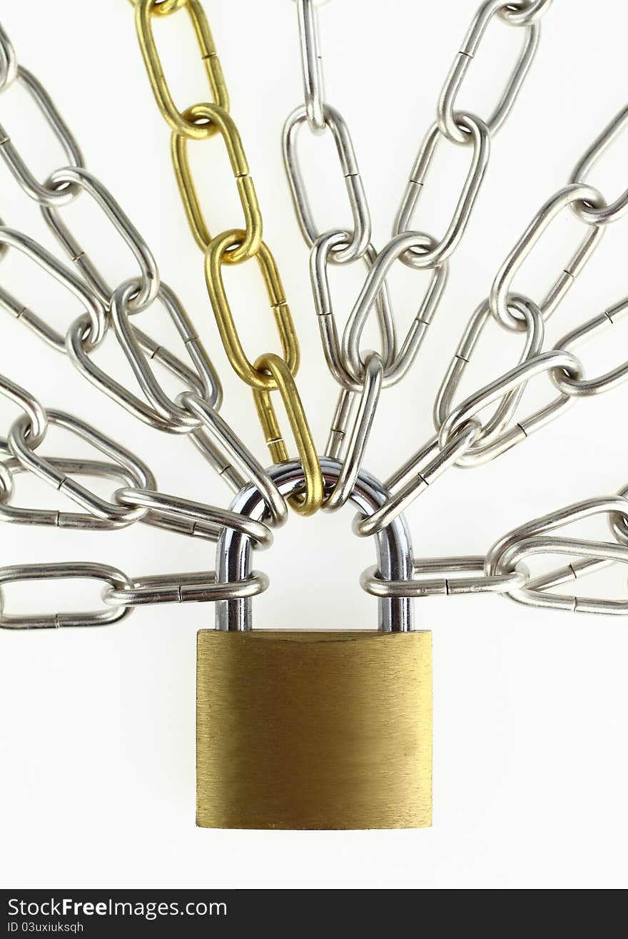 Padlock with chain on white background. Padlock with chain on white background