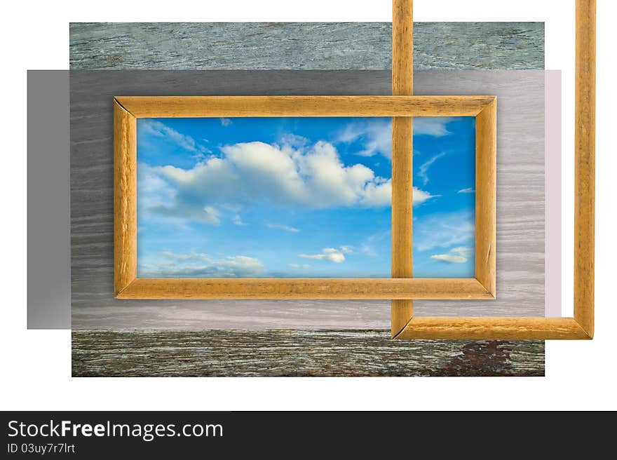 Old wood frame and wall with blue sky for text or vision concept. Old wood frame and wall with blue sky for text or vision concept