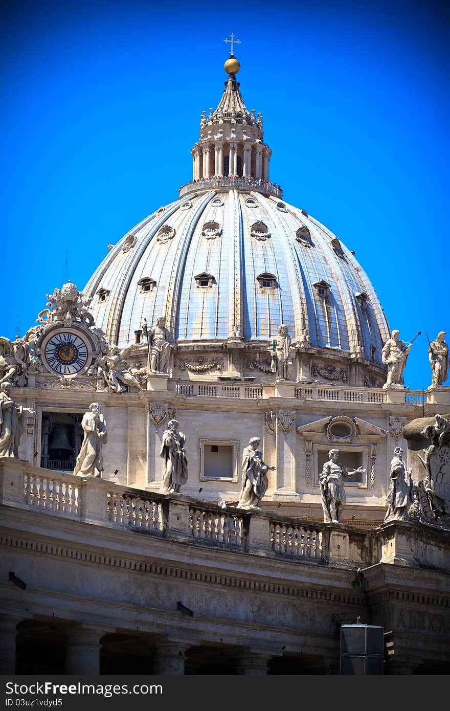 Saint Peter dome detail. The church, inside the Vatican state, in Rome, was designed by the architect Michelangelo Bonarroti.