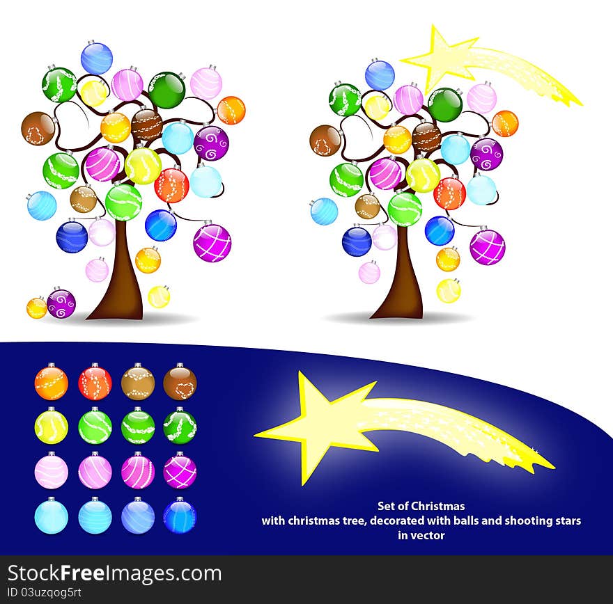 Original set of Christmas with decorated trees, bright balls and shooting stars