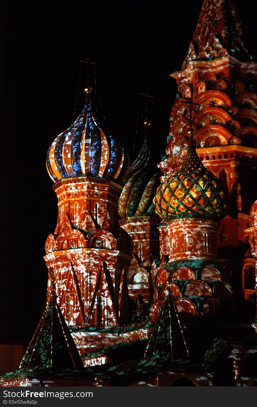 Illuminated St. Basil Cathedral during Moscow International Festival Circle of Light (Red square, Moscow, Russia, October 2011)