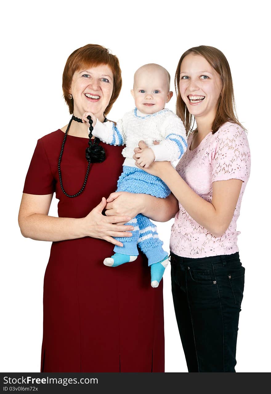 Mother and grandmother with her grandson in the studio isolated on white background