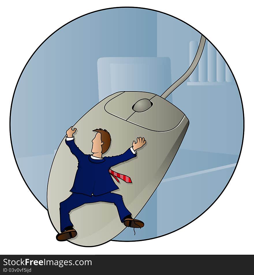 Businessman in a suit hangs on to a giant computer mouse. Businessman in a suit hangs on to a giant computer mouse