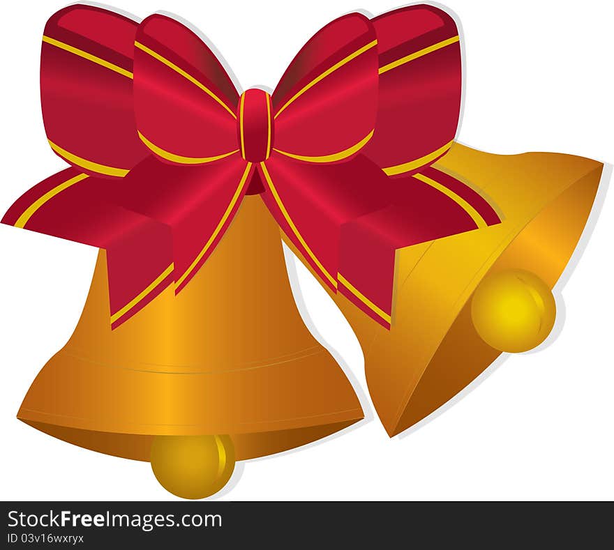 Golden Christmas bells with red ribbon