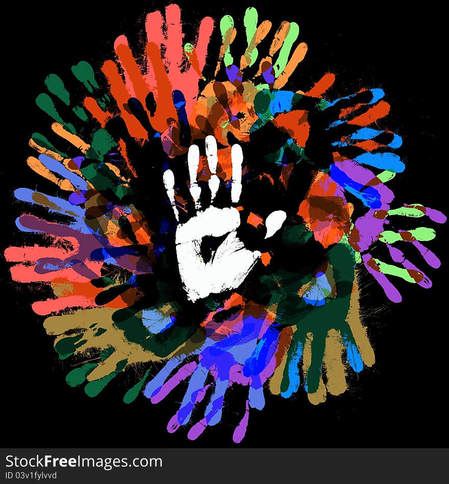 Multi-colored handprints, on a black background