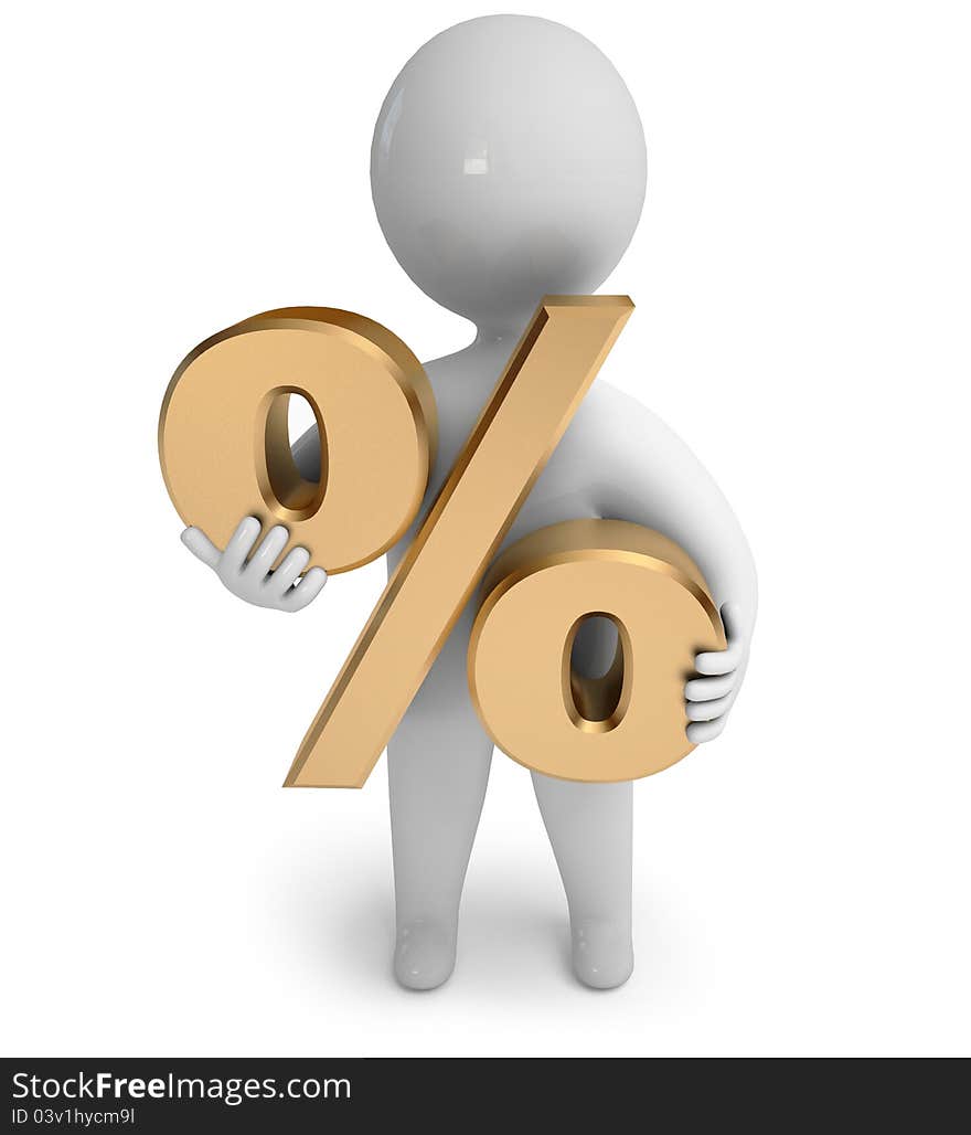 Person is in the hands of a percent sign, on a white background, 3d render