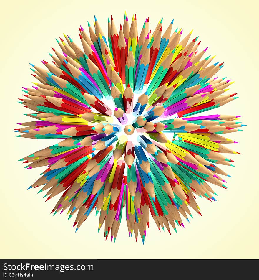 Color pencil caught in a tangle, on a yellow background, 3d render. Color pencil caught in a tangle, on a yellow background, 3d render