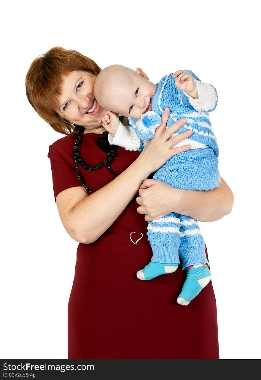 Grandmother with her grandson in the studio isolated on white background